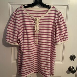 Talbots Pink and White Puff Sleeve Tie Front Tee